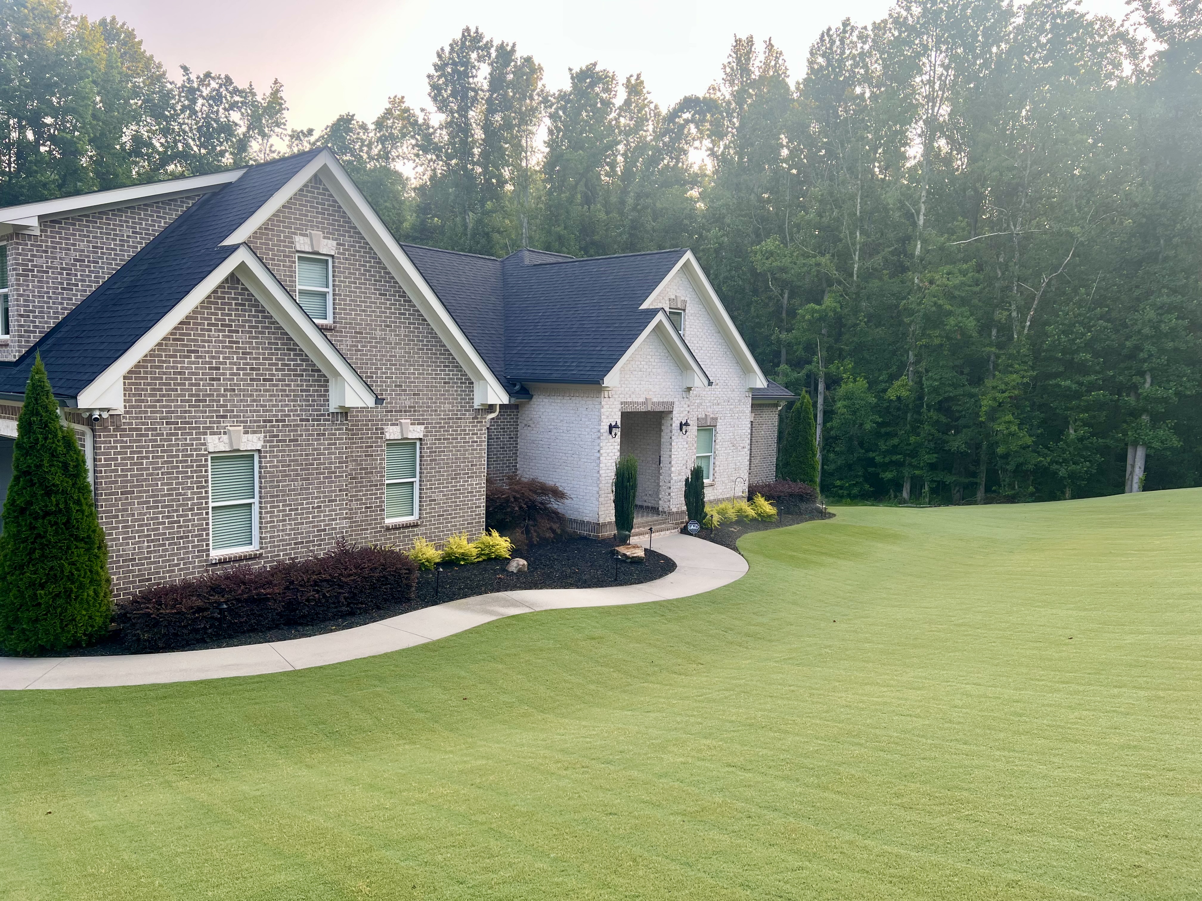 Finished residential lawn with curved walkway and foundation plantings